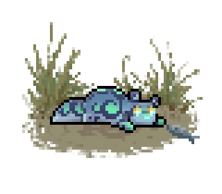 Pixel art of a blue slugpup lying on its stomach with its front paws stretched out. It has blue-green markings and green markings on its paws like gloves. Its eyes are yellow-blue. Its ears are darker, with one lighter spot.